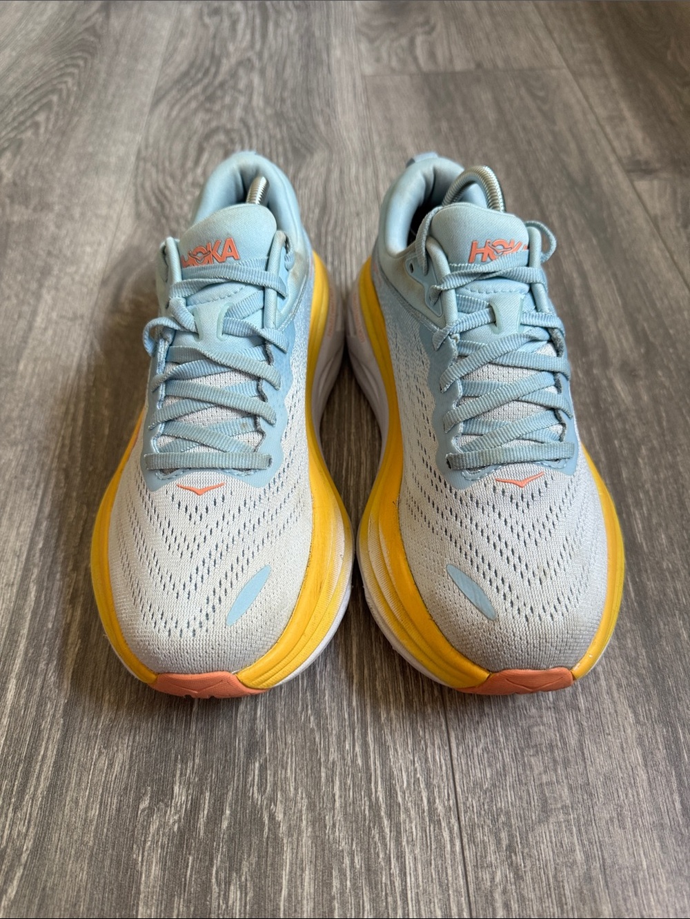 Hoka Bondi 8 Women's Pale Blue & Yellow Cushioned Running Shoes with Coral Logo - Picture 3 of 10